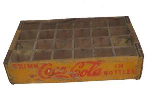 Yellow Coca-Cola Wooden Bottle Crate Box. Attention to all Coca-Cola collectors, you WILL love this thing! This is a great piece of Coca-Cola advertising! This is a wooden coke bottle crate with 24 separate compartments. The paint is slightly fading but the crate is still in good shape. Measures: 18.5"l x 11.5"w x 4"h!