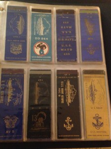 Some of the 174 WWII manufactured Navy ship matchbook covers represented in the album.