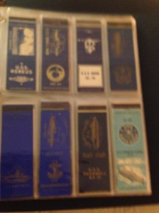 Some of the 174 WWII manufactured Navy ship matchbook covers represented in the album.
