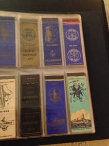 Some of the 174 WWII manufactured Navy ship matchbook covers represented in the album.