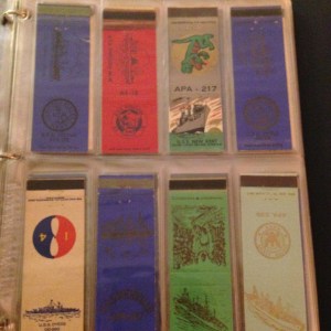 Some of the 174 WWII manufactured Navy ship matchbook covers represented in the album.