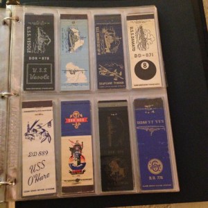 Some of the 174 WWII manufactured Navy ship matchbook covers represented in the album.