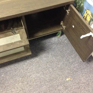 Entertainment Center #1. Close up of the 3 center drawers with the doors open, as well as the two side cabinets with the doors open.
